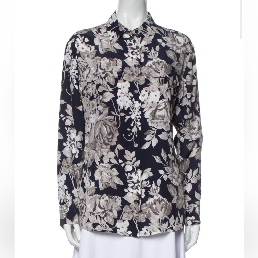 Equipment Blue and Gray Long Sleeve Boxy Blouse